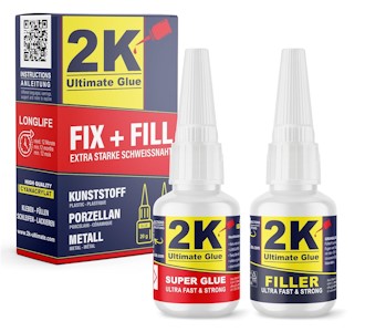 2K ultimate glue FIX + FILL Kleber extra stark für Kunststoff Gummi Stein Keramik Sekundenkleber/Superkleber - Kunststoff Reparaturset Super glue 2 komponenten Kleber Industriekleber (1 Set)